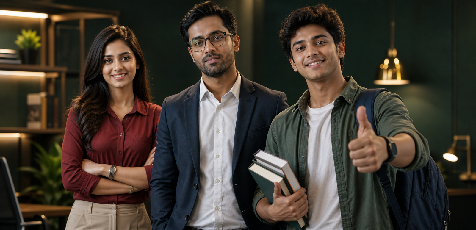 Two corporate professionals and a Gen Z learner holding books while giving a thumbs up