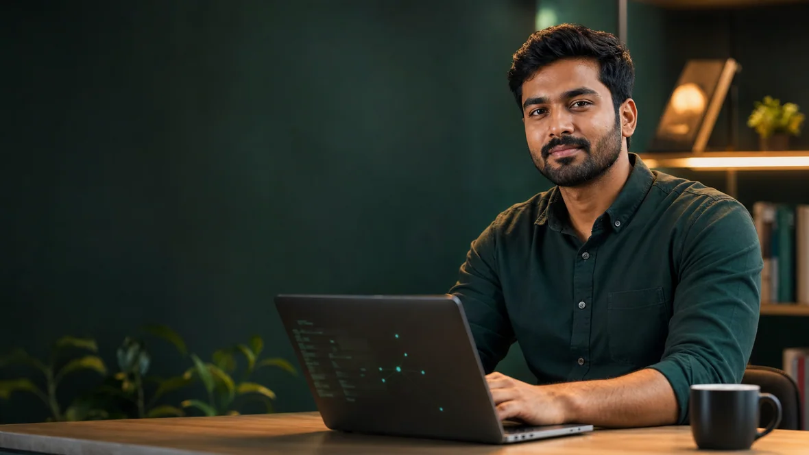Indian learner using a laptop after completing a practical AI and coding cohort